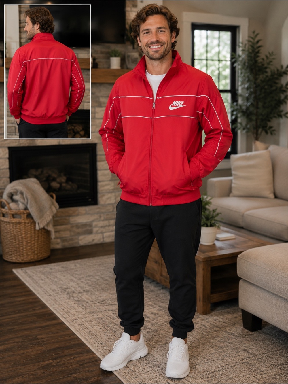 Nike Red Men's XL Track Windbreaker Jacket with White Piping